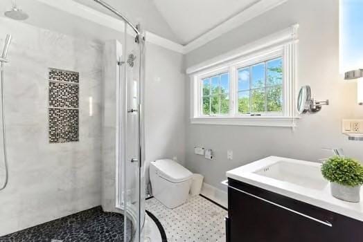 56 Cart Path Rd, Weston, MA 02493 - bathroom with a stall shower, vaulted ceiling, and vanity