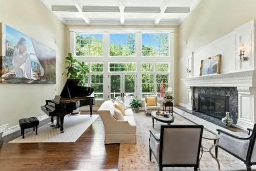 56 Cart Path Rd, Weston, MA 02493 - sunroom / solarium featuring french doors, healthy amount of natural light, beam ceiling, and coffered ceiling