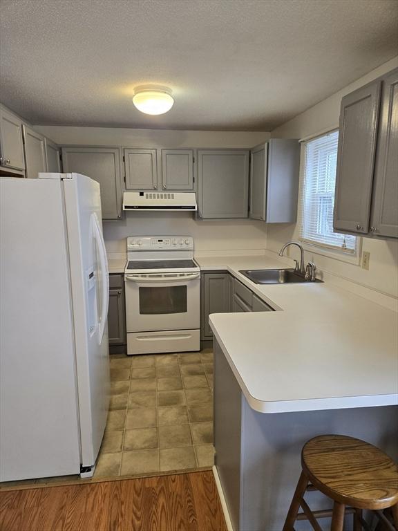 kitchen featuring kitchen peninsula, sink, gray cabinets, and white appliances