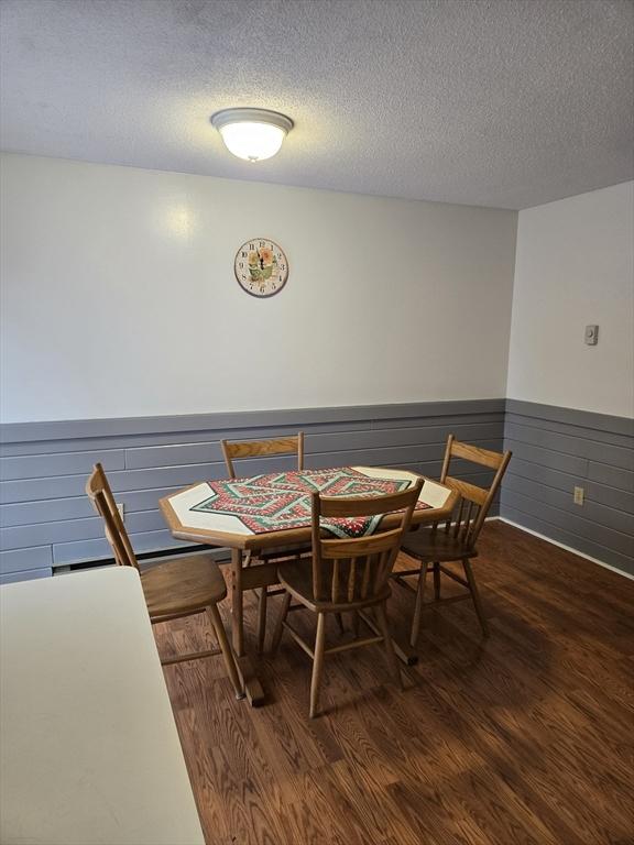 dining room with dark hardwood / wood-style floors and a textured ceiling