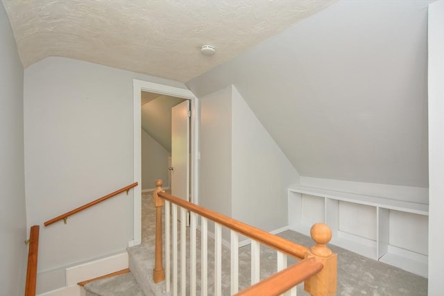 16 W St, Natick, MA 01760 - stairs featuring vaulted ceiling, carpet floors, a textured ceiling, and baseboards