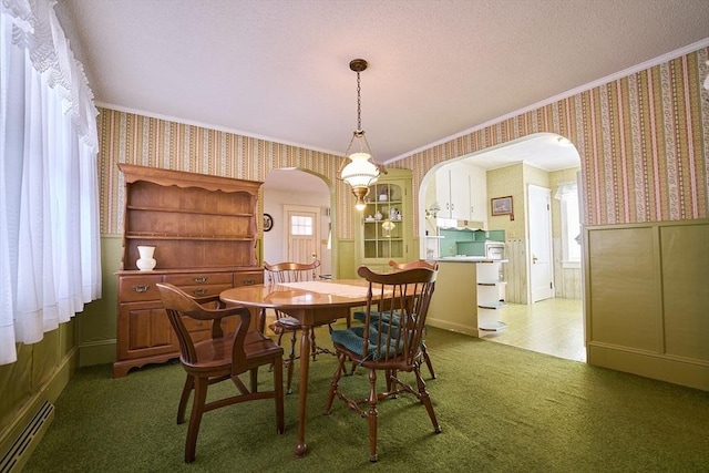 dining room with dark colored carpet, a baseboard radiator, a textured ceiling, and crown molding