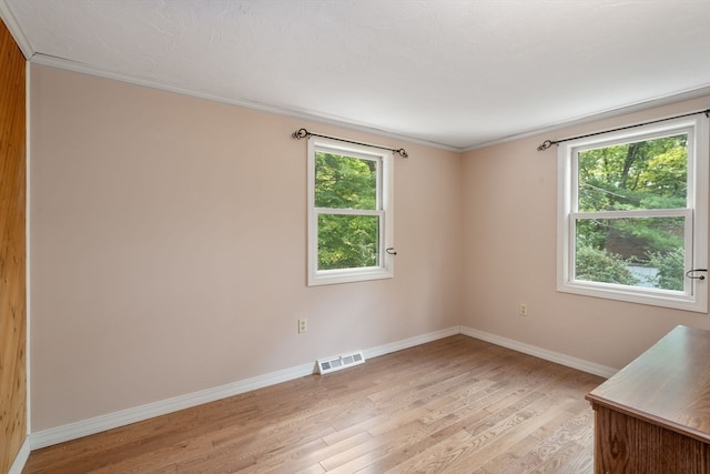 spare room with light hardwood / wood-style flooring, a healthy amount of sunlight, and crown molding