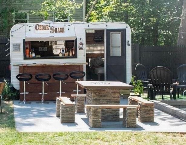 view of patio featuring outdoor dry bar and fence