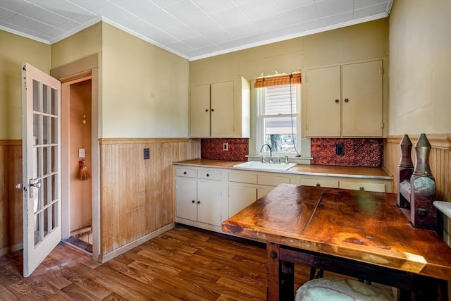 101 Euclid St, Gardner, MA 01440 - kitchen featuring a sink, dark wood finished floors, ornamental molding, wainscoting, and light countertops
