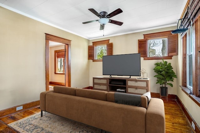 101 Euclid St, Gardner, MA 01440 - living area with wood-type flooring, baseboards, ceiling fan, and ornamental molding