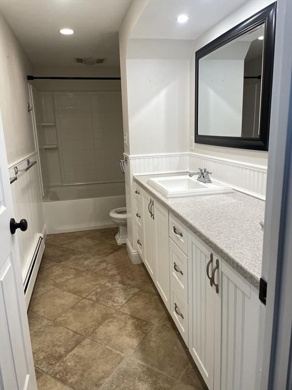 bathroom with visible vents, vanity, a wainscoted wall, a baseboard heating unit, and toilet