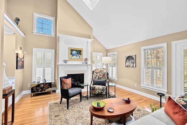 living room featuring light hardwood / wood-style floors and high vaulted ceiling