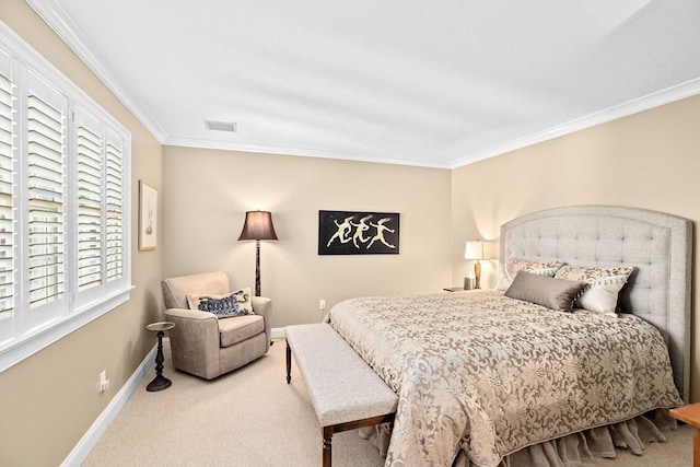 carpeted bedroom with ornamental molding