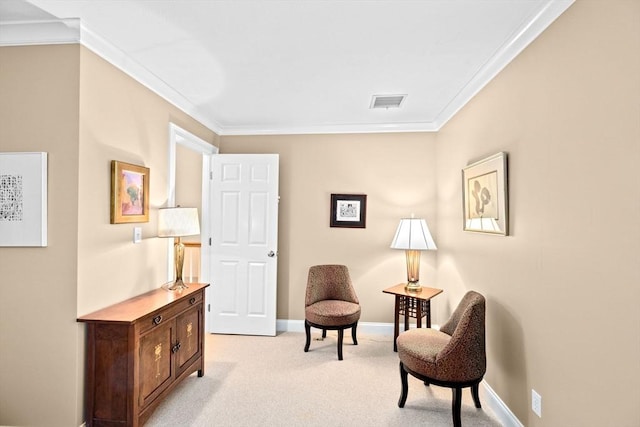 living area featuring light carpet and ornamental molding