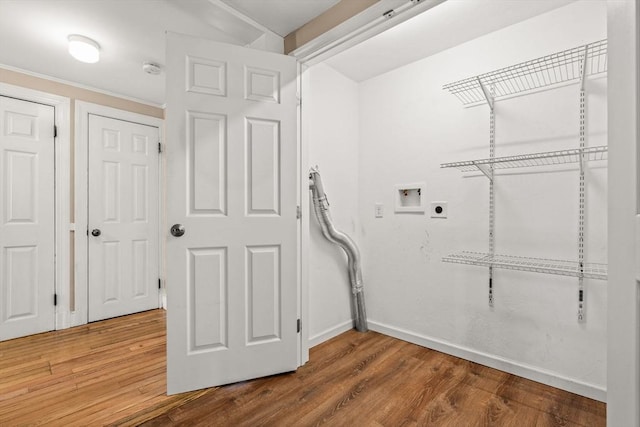 464 Ralph Talbot St, Weymouth, MA 02190 - laundry area featuring hookup for an electric dryer, washer hookup, wood finished floors, and baseboards