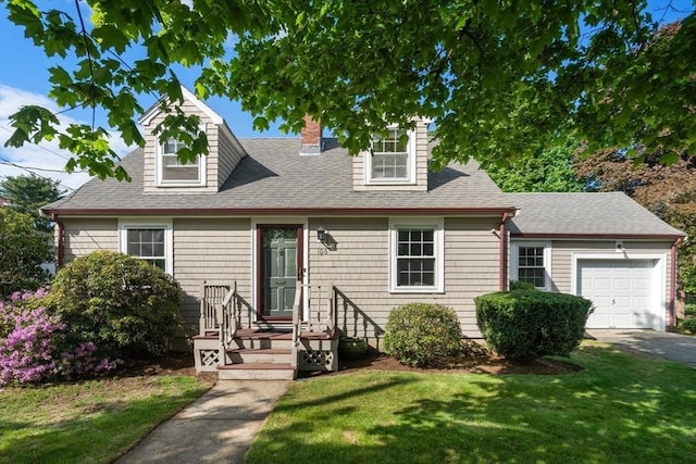 106 Nevada St, Newton, MA 02460 - cape cod-style house featuring a garage, a front yard, a chimney, and roof with shingles
