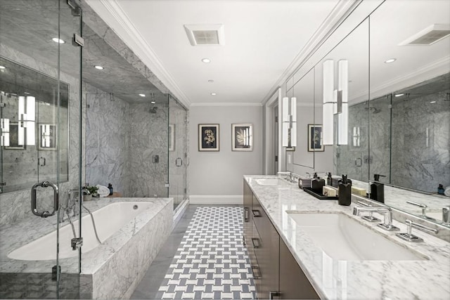 full bath featuring a shower stall, visible vents, a sink, and ornamental molding