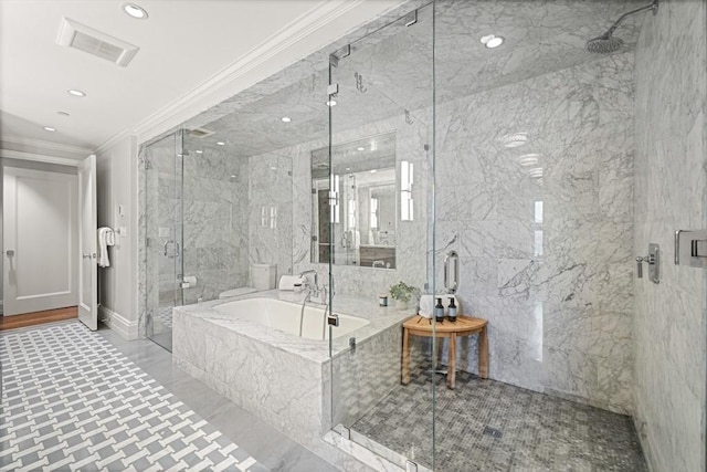 bathroom featuring a marble finish shower, visible vents, baseboards, crown molding, and a bath