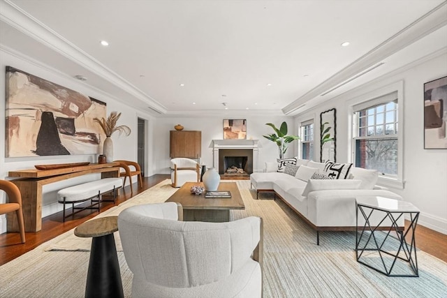 living room featuring a fireplace, ornamental molding, wood finished floors, and recessed lighting