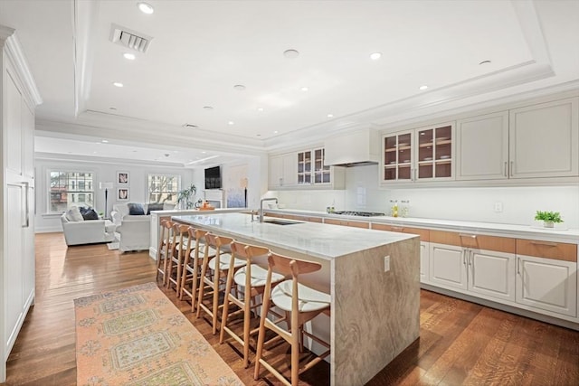 kitchen featuring a sink, an island with sink, a raised ceiling, and gas stovetop