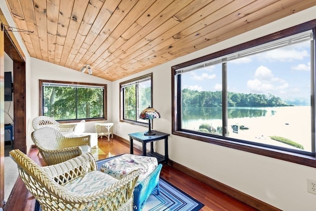 sunroom / solarium featuring lofted ceiling, a water view, and wooden ceiling