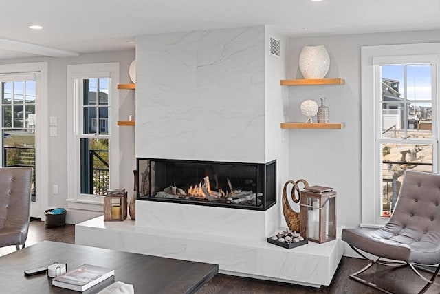 living room with wood finished floors and a healthy amount of sunlight