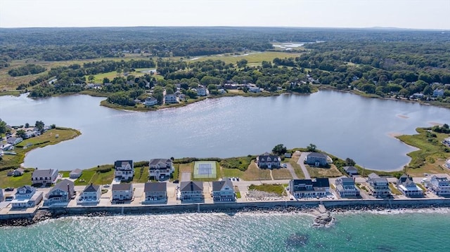 drone / aerial view with a water view and a wooded view
