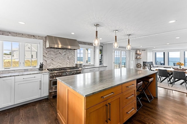 kitchen featuring stainless steel range, decorative backsplash, plenty of natural light, and wall chimney exhaust hood