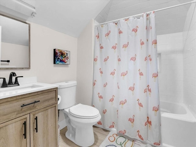 72-74 Grafton St Unit 2, Arlington, MA 02474 - bathroom with vanity, toilet, lofted ceiling, shower / bath combination with curtain, and wood finished floors