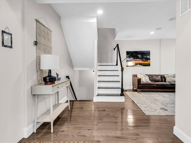 72-74 Grafton St Unit 2, Arlington, MA 02474 - foyer entrance with stairs, wood finished floors, baseboards, and recessed lighting