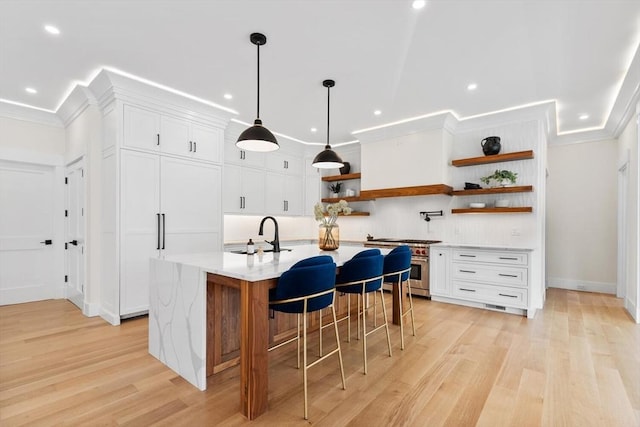 7 Fulton Rd, Lexington, MA 02420 - kitchen featuring open shelves, a sink, stainless steel range, light wood finished floors, and recessed lighting