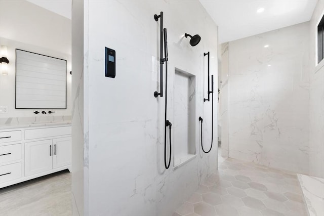 7 Fulton Rd, Lexington, MA 02420 - bathroom with a marble finish shower, vanity, and tile patterned floors