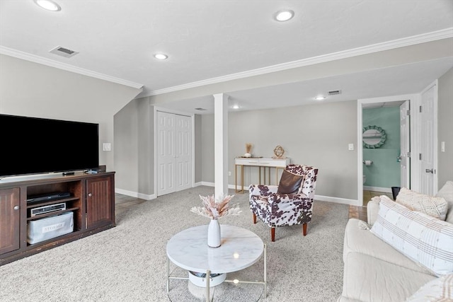 carpeted living room with recessed lighting, visible vents, baseboards, and ornamental molding