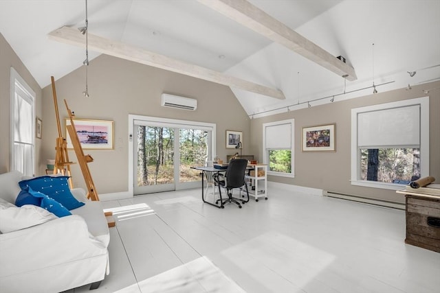 home office with a wall mounted AC, high vaulted ceiling, baseboard heating, beam ceiling, and baseboards