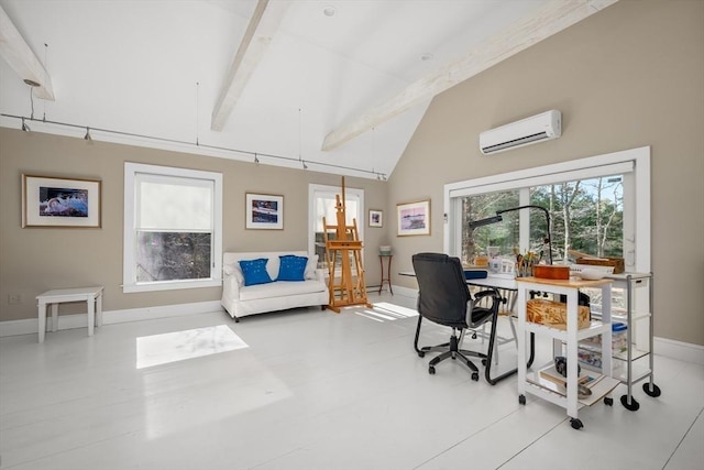 office space featuring an AC wall unit, beam ceiling, baseboards, and high vaulted ceiling