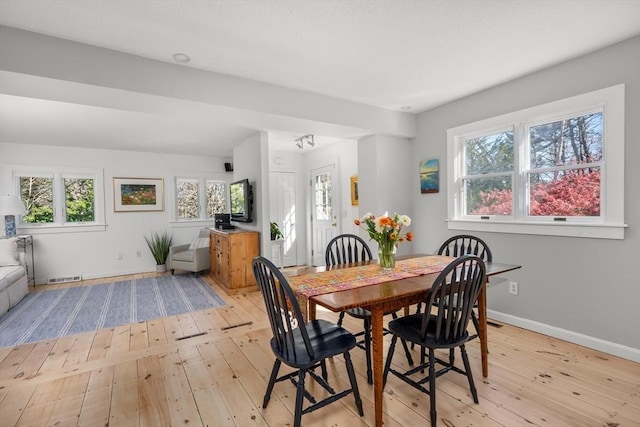dining room featuring light wood-type flooring, plenty of natural light, and baseboards