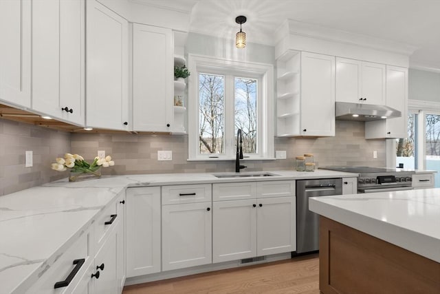 kitchen with hanging light fixtures, white cabinetry, and stainless steel appliances