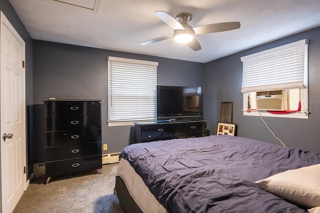 carpeted bedroom featuring a baseboard radiator, cooling unit, a ceiling fan, and baseboards