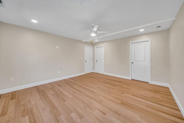 unfurnished room featuring baseboards, a ceiling fan, light wood-style flooring, and recessed lighting
