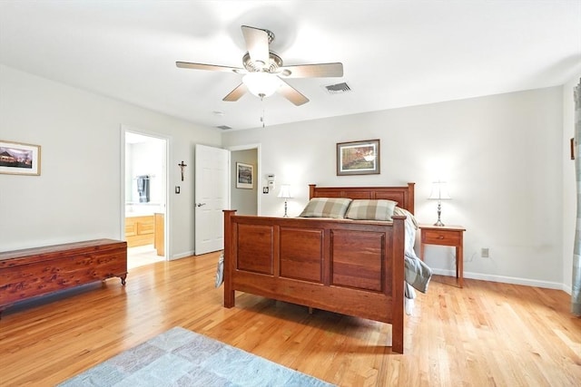 167 Orchard Rd, East Longmeadow, MA 01028 - bedroom with light wood finished floors, baseboards, ensuite bath, and a ceiling fan