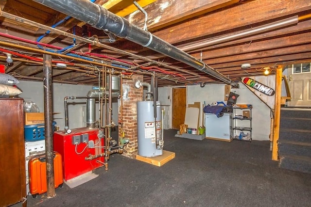 37 Border St, Springfield, MA 01104 - unfinished basement featuring water heater, a heating unit, and rubber floors