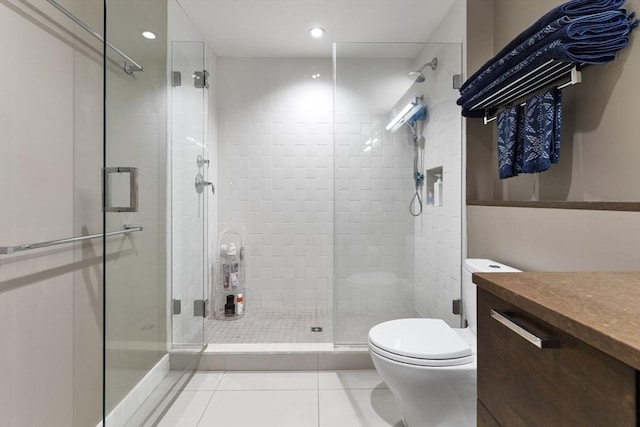 full bath with recessed lighting, toilet, a shower stall, vanity, and tile patterned flooring