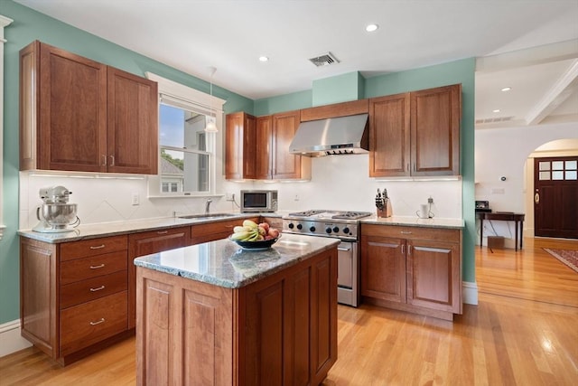 19 Woodbine St Unit B, Newton, MA 02466 - kitchen with exhaust hood, stainless steel appliances, a sink, arched walkways, and light wood finished floors