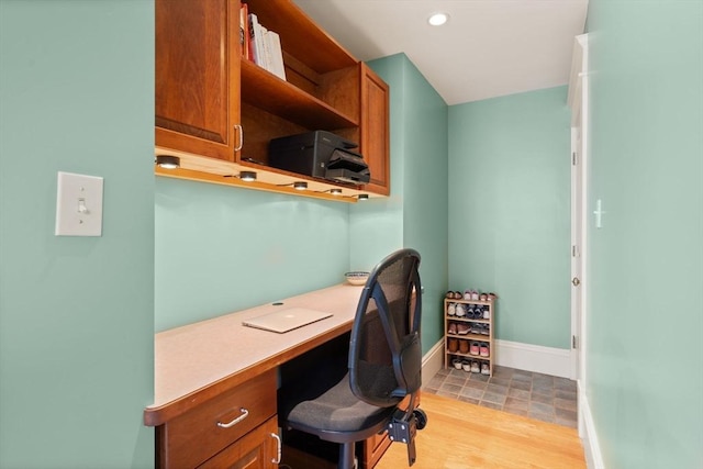 19 Woodbine St Unit B, Newton, MA 02466 - office featuring built in desk, baseboards, recessed lighting, and light wood-style flooring