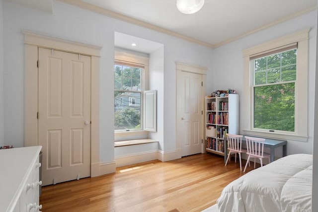 19 Woodbine St Unit B, Newton, MA 02466 - bedroom with multiple windows, light wood-style flooring, crown molding, and multiple closets