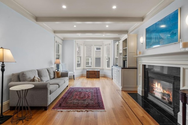 19 Woodbine St Unit B, Newton, MA 02466 - living room with light wood-style flooring, beam ceiling, a fireplace, crown molding, and recessed lighting