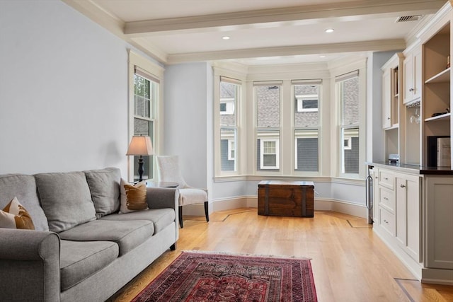 19 Woodbine St Unit B, Newton, MA 02466 - living area featuring light wood-style floors, baseboards, crown molding, and beamed ceiling