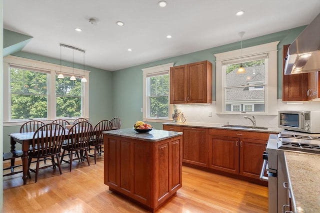 19 Woodbine St Unit B, Newton, MA 02466 - kitchen with wall chimney exhaust hood, stainless steel appliances, a sink, brown cabinets, and light wood-style flooring