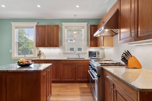 19 Woodbine St Unit B, Newton, MA 02466 - kitchen featuring stainless steel appliances, a sink, exhaust hood, light wood finished floors, and brown cabinets