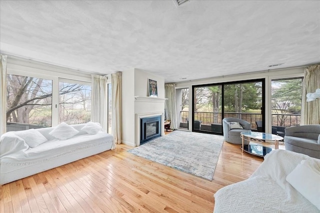 living room with baseboards, hardwood / wood-style floors, a fireplace, and visible vents