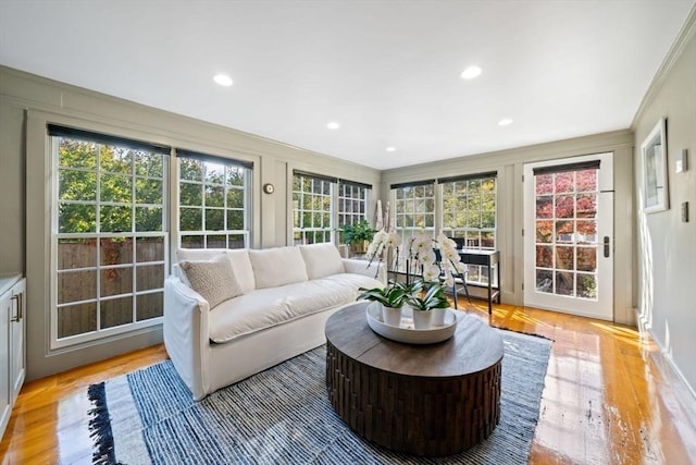 46 Church St, Dedham, MA 02026 - living room featuring crown molding, recessed lighting, and light wood-style floors