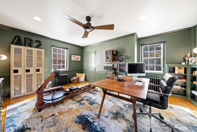 46 Church St, Dedham, MA 02026 - office area featuring wood finished floors, a ceiling fan, a wainscoted wall, and ornamental molding