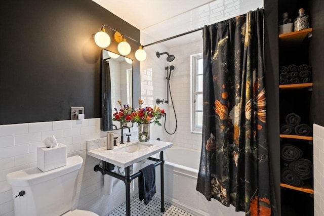 46 Church St, Dedham, MA 02026 - full bathroom featuring toilet, wainscoting, shower / bath combination with curtain, tile walls, and a sink