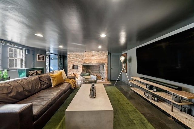 46 Church St, Dedham, MA 02026 - home theater featuring recessed lighting and a fireplace